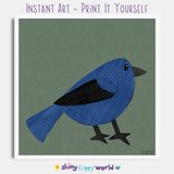 Indigo Bunting - printable bird art - collage style