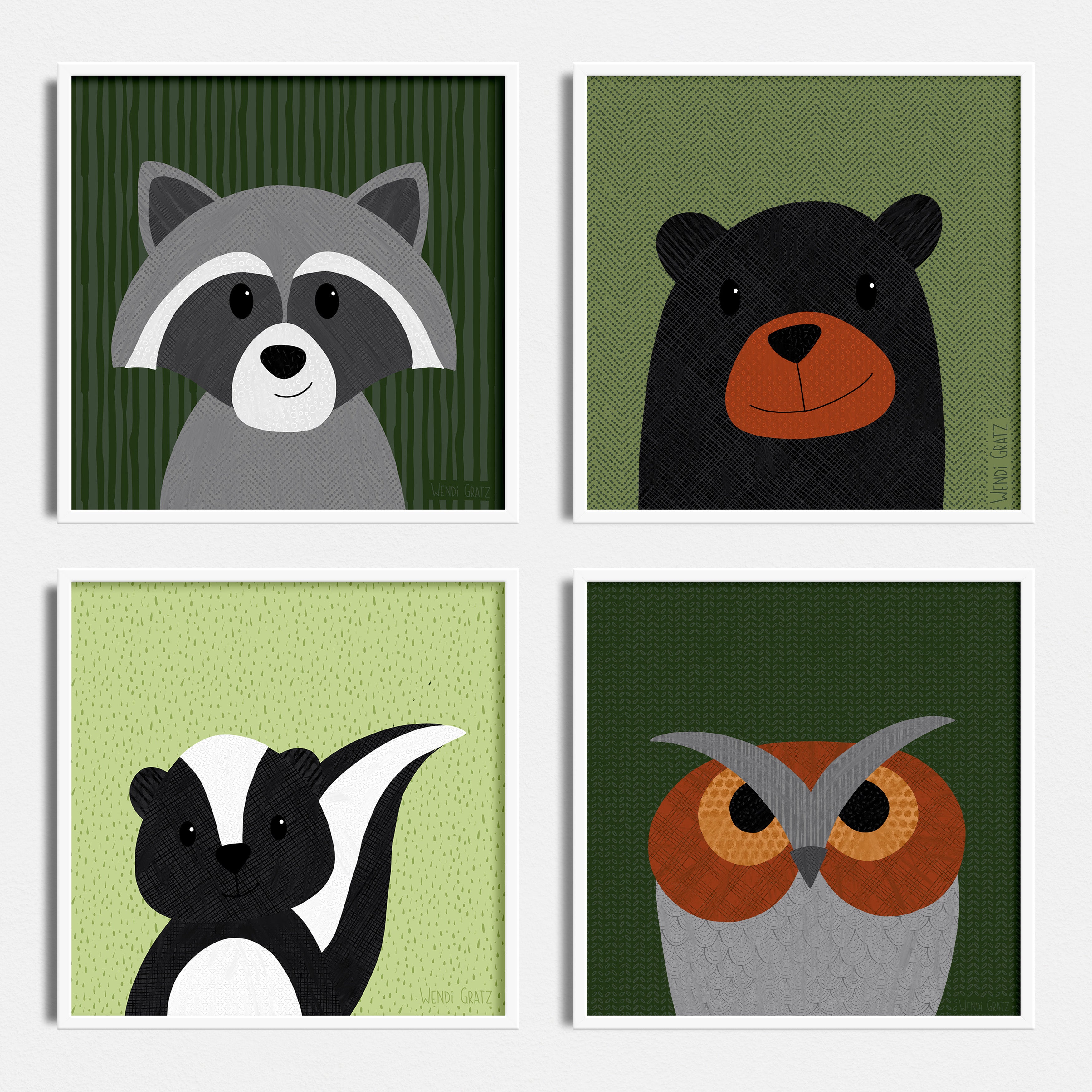 Woodland Printable Art Bundle #2 - Bear, Raccoon, Owl, Skunk