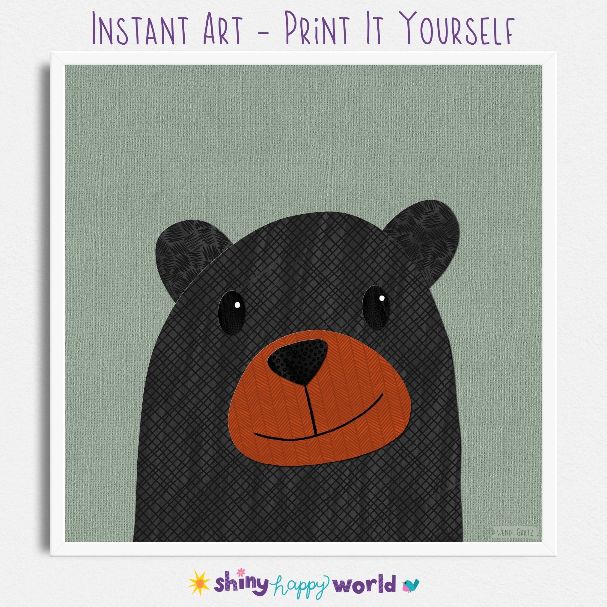 Bryce Bear - printable black bear art - collage style