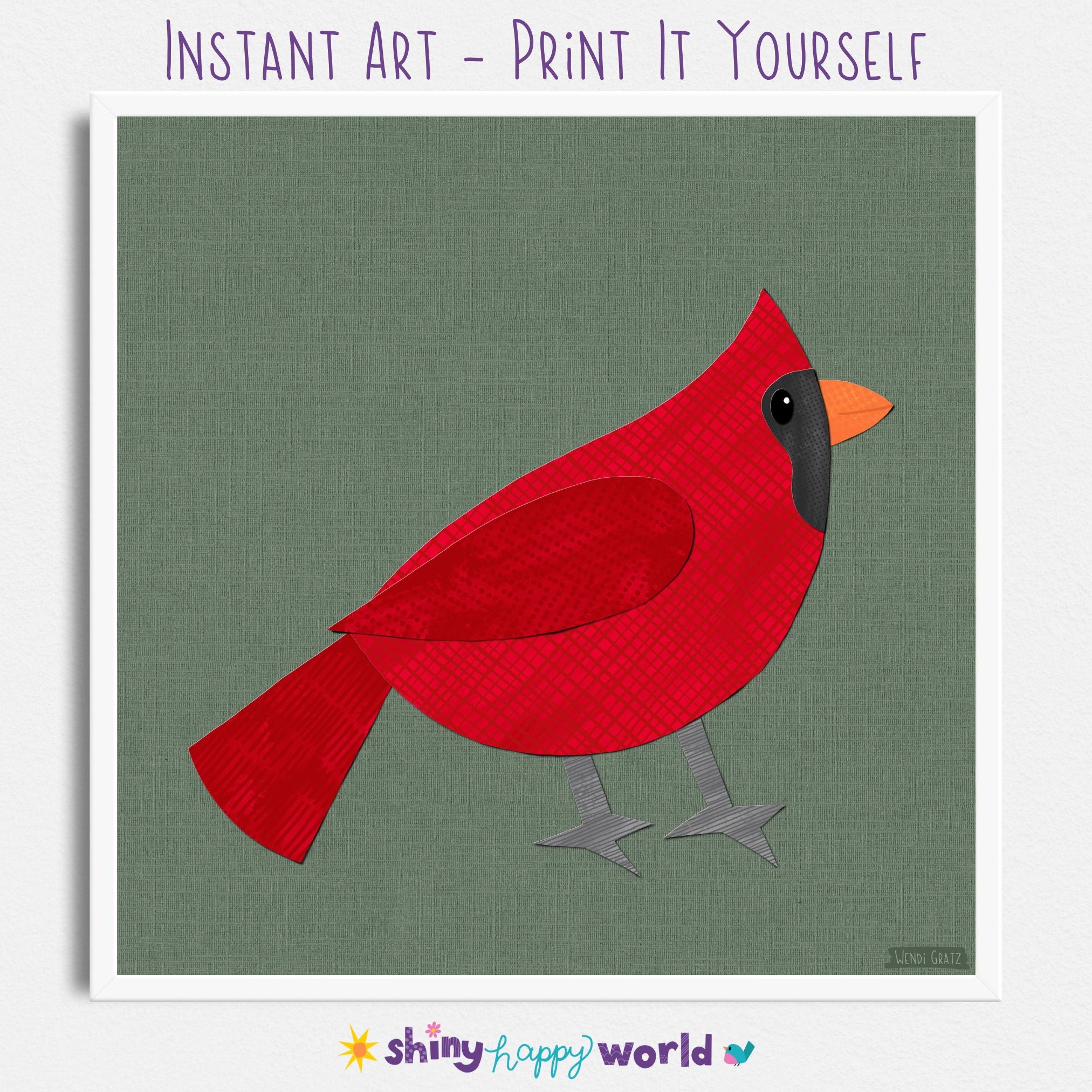 Cardinal - printable bird art - collage style