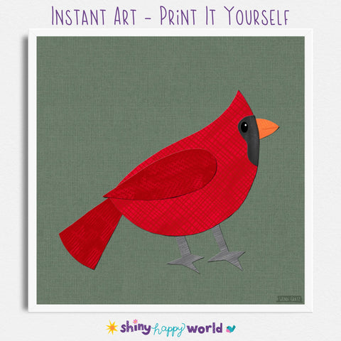 Cardinal - printable bird art - collage style