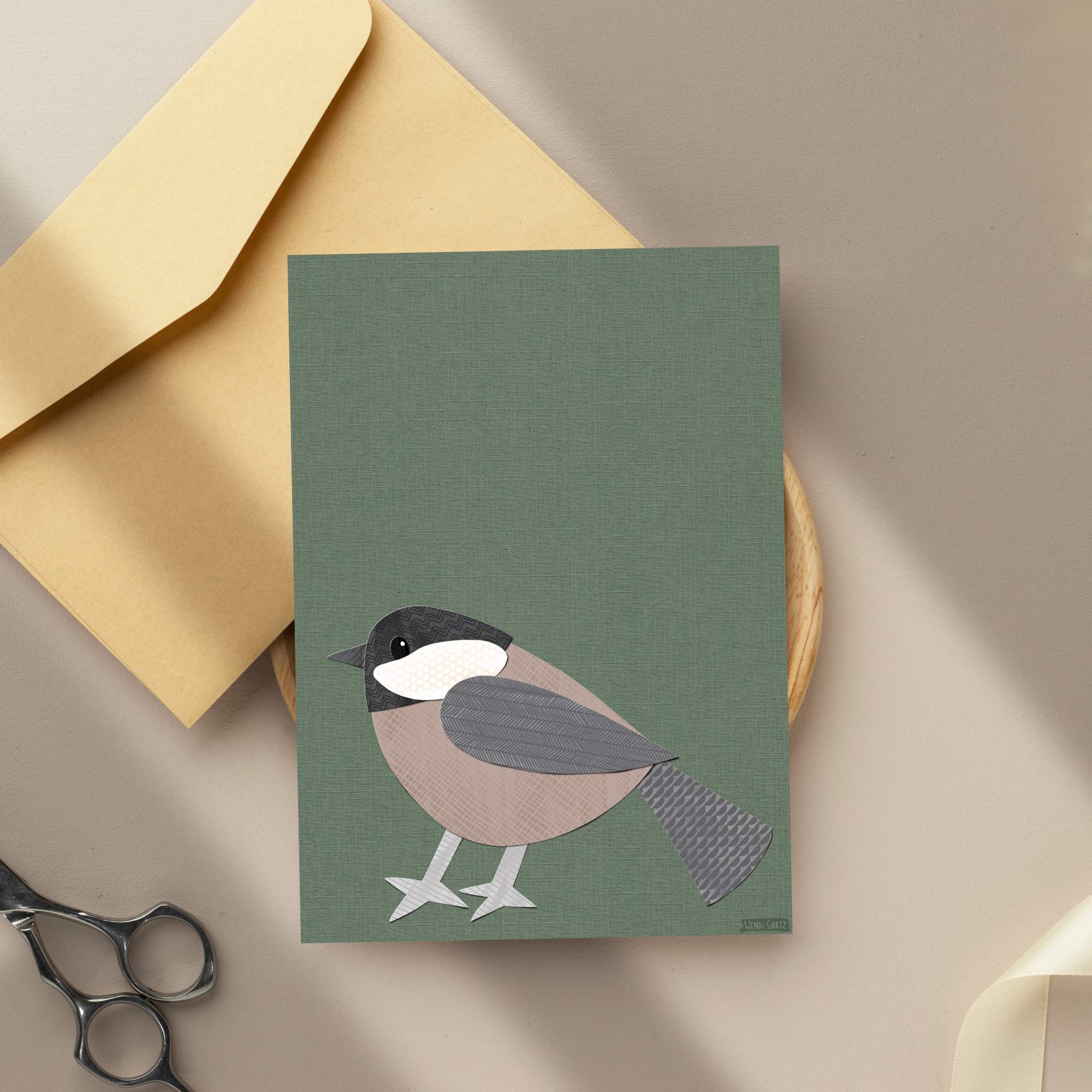 Chickadee - printable bird art - collage style