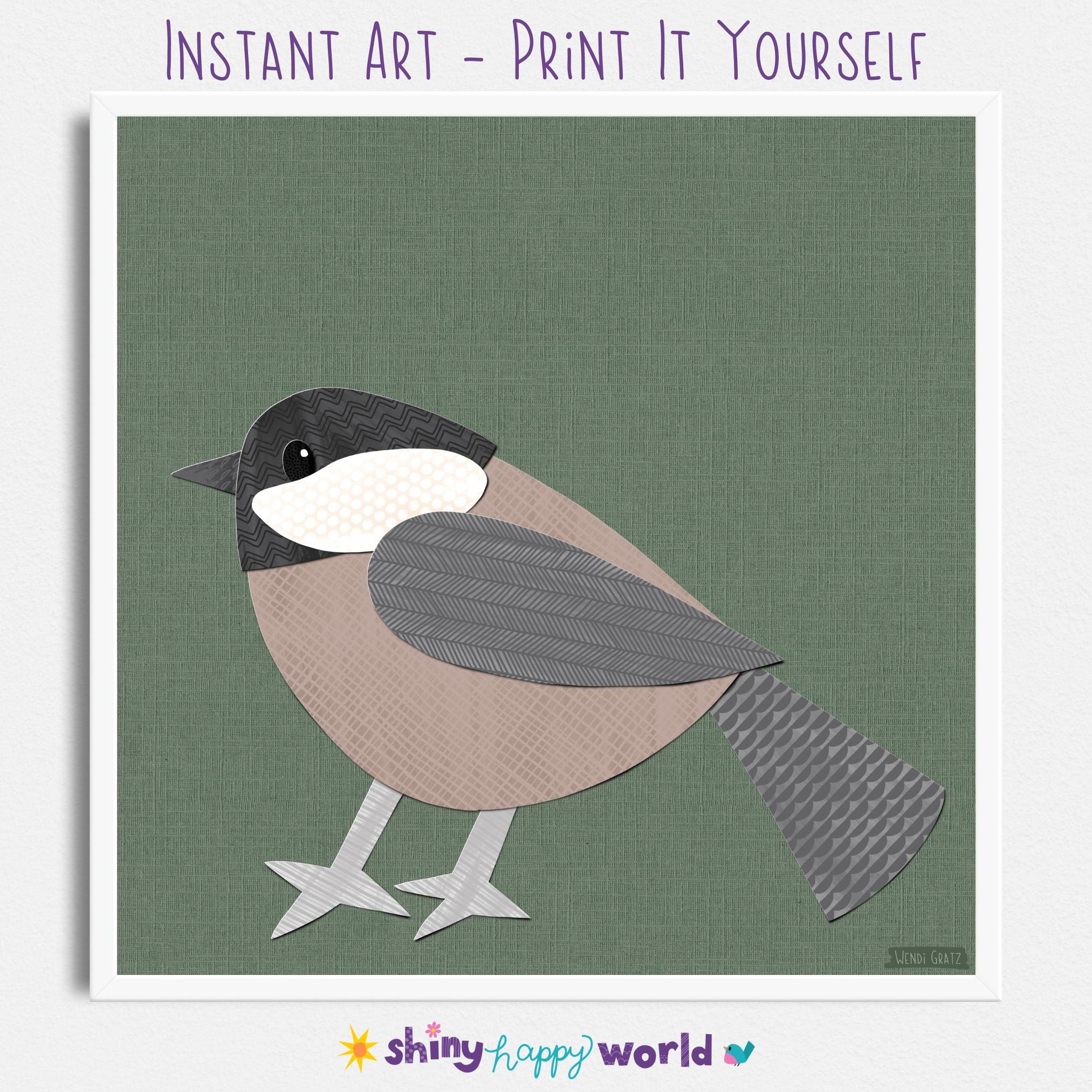 Chickadee - printable bird art - collage style
