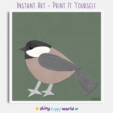 Chickadee - printable bird art - collage style