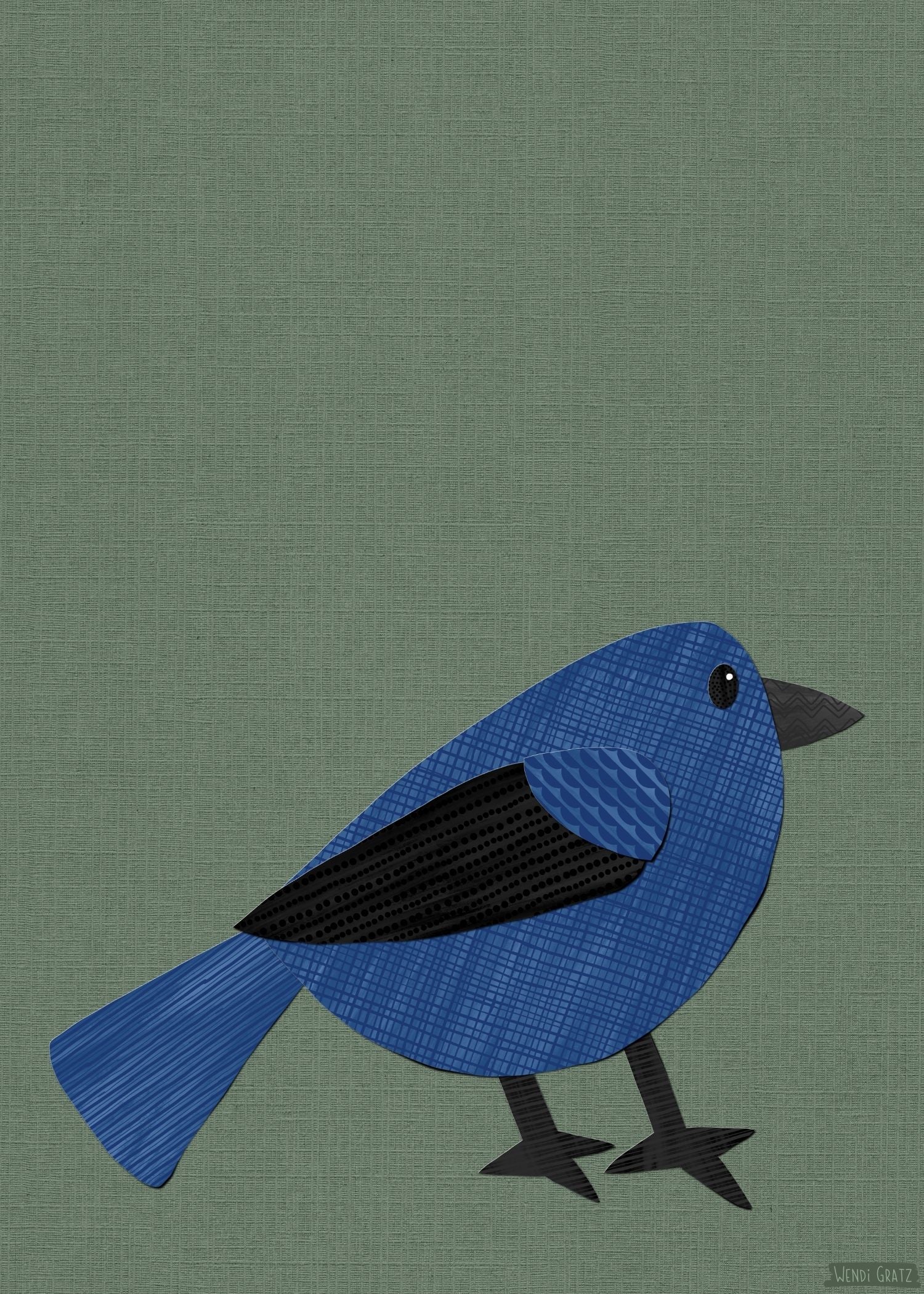 Indigo Bunting - printable bird art - collage style