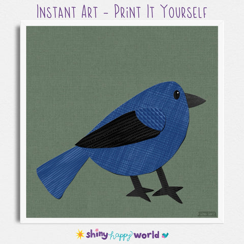 Indigo Bunting - printable bird art - collage style
