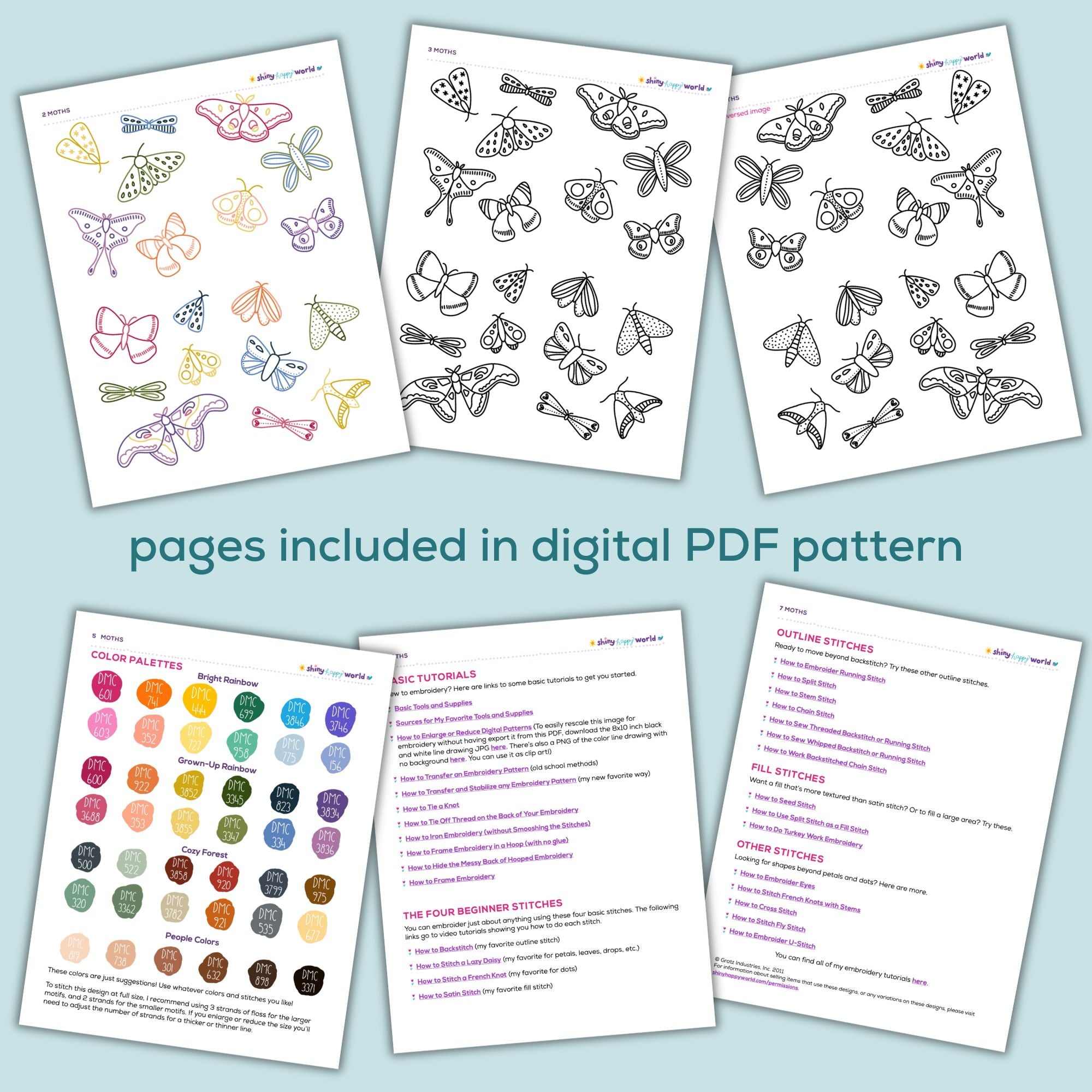 Moths Embroidery Pattern (with optional Stick & Stitch Pack)