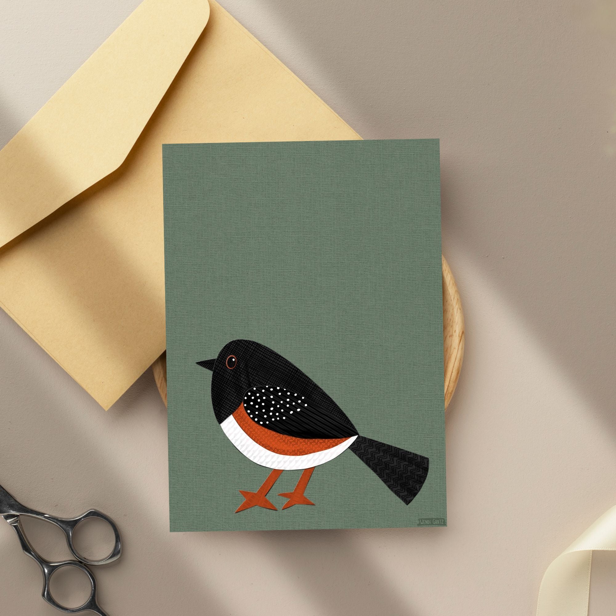 Spotted Towhee - printable bird art - collage style