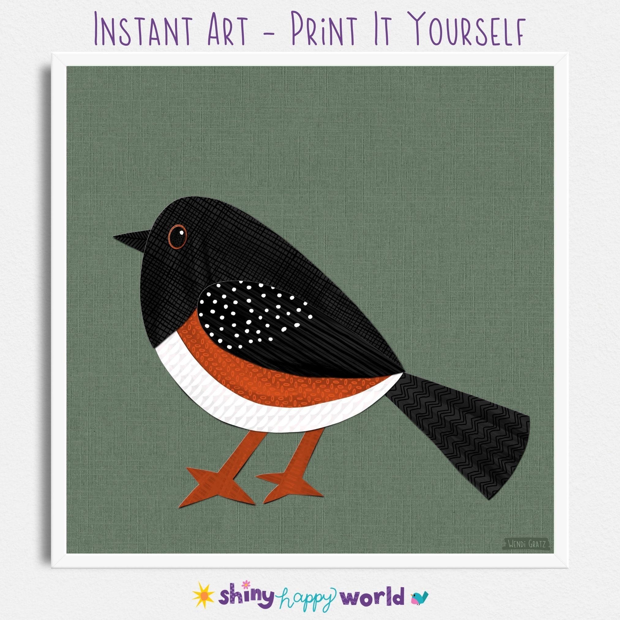 Spotted Towhee - printable bird art - collage style