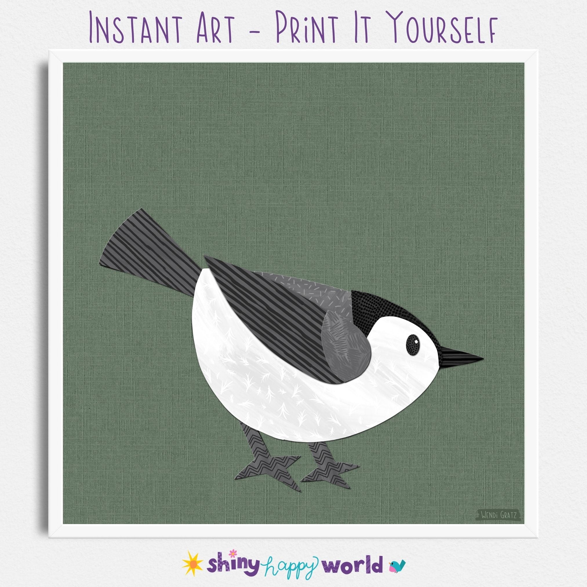 White-Breasted Nuthatch - printable bird art - collage style