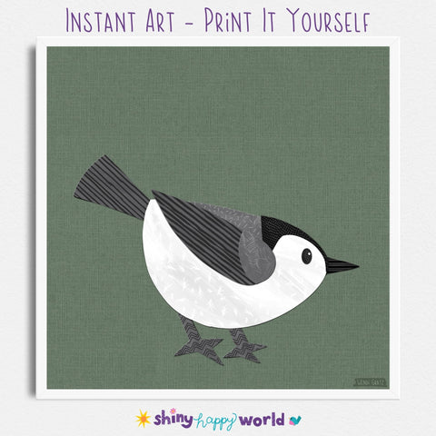 White-Breasted Nuthatch - printable bird art - collage style