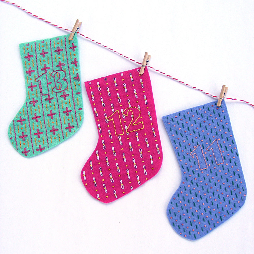 Mini Stocking Advent Garland With Tiny Clothespins Red With White Trim