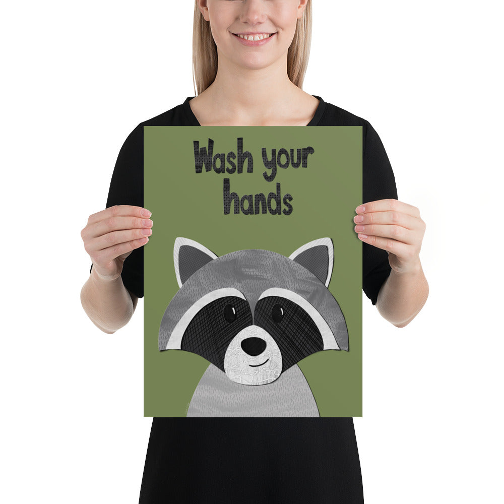 Wash Your Hands - Raccoon Art Print - paper collage