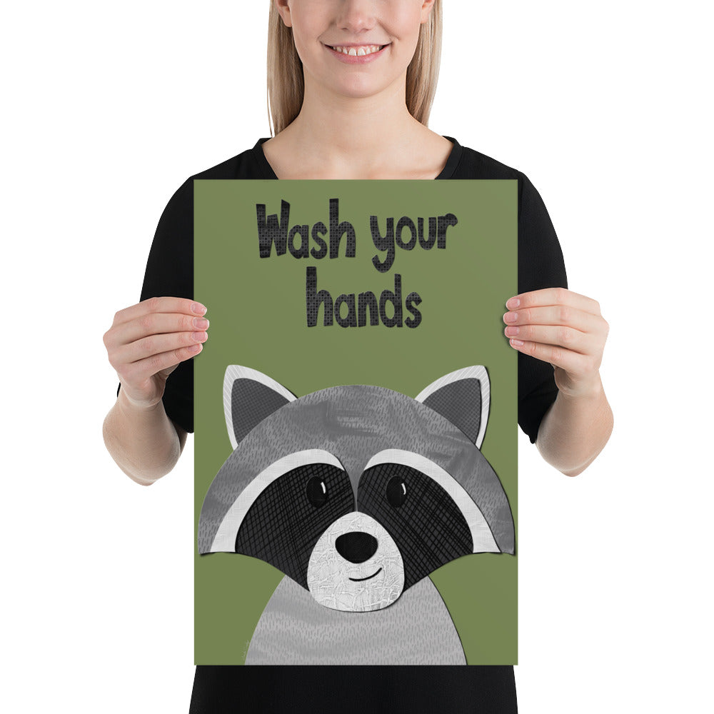 Wash Your Hands - Raccoon Art Print - paper collage