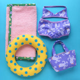 Bathing Beauty Pattern - swimsuit, towel, tote bag and swim ring for Dress Up Bunch dolls